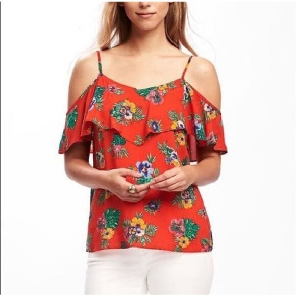 Womens Old Navy Red Floral Flutter Sleeve Cold Shoulder Top - Sz S - Picture 1 of 2